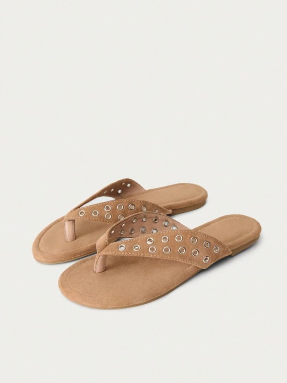 Tan Grommet Thong Sandals with Silver Eyelet Trim